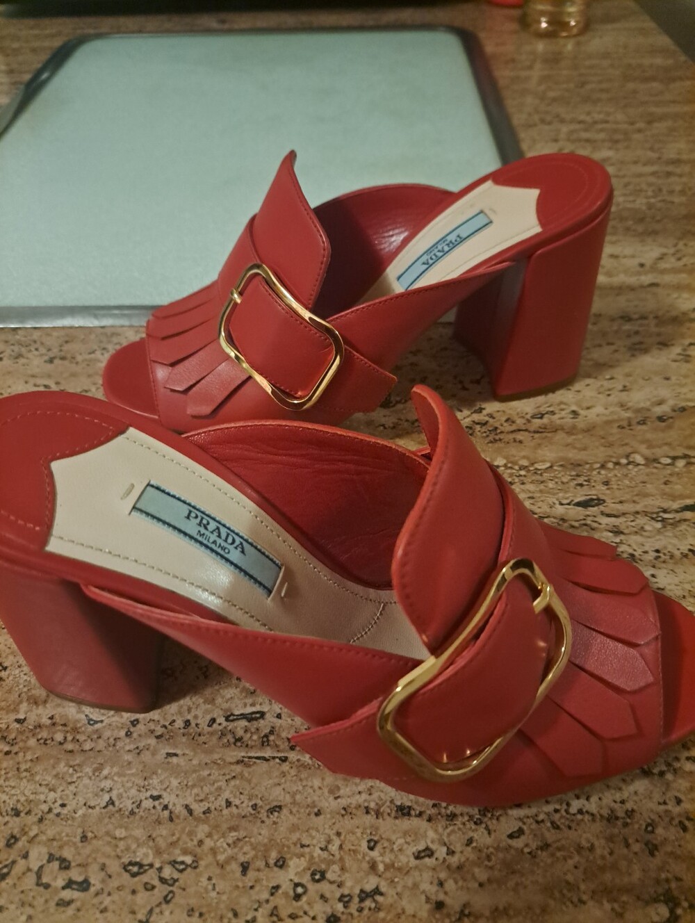 Prada Red Leather Fringe Mule with Gold Buckle Accent EU 38.5